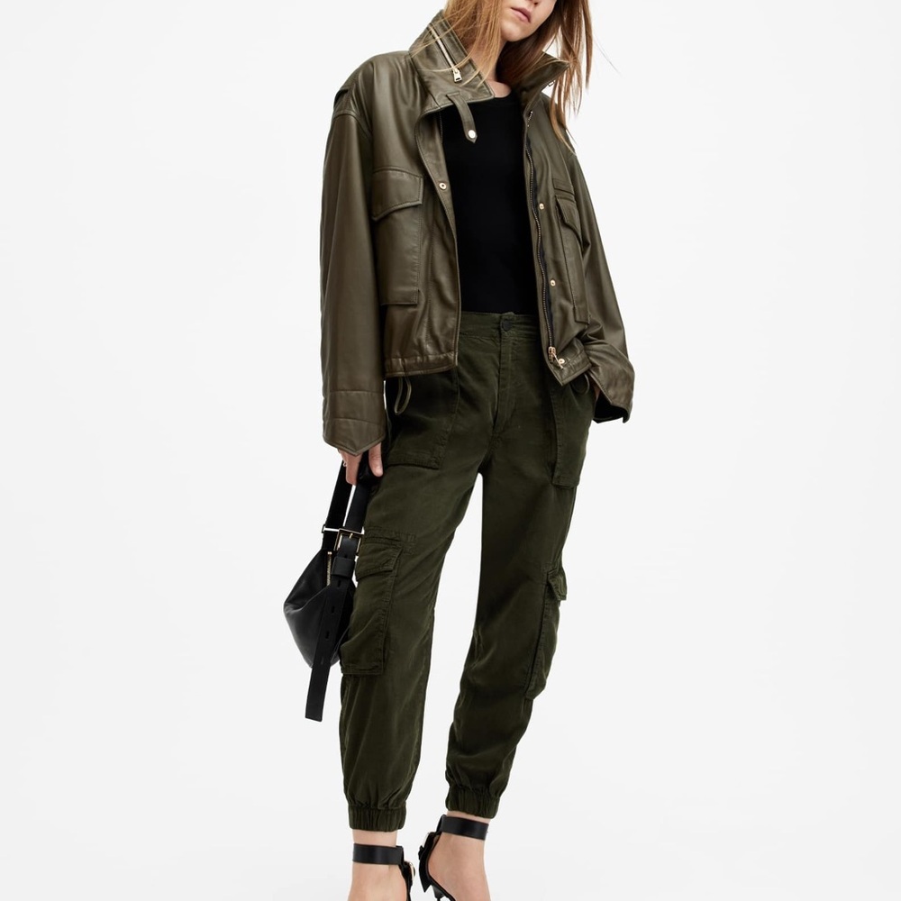AllSaints Freda Khaki Green Lightweight Denim Cargo Pants US 6